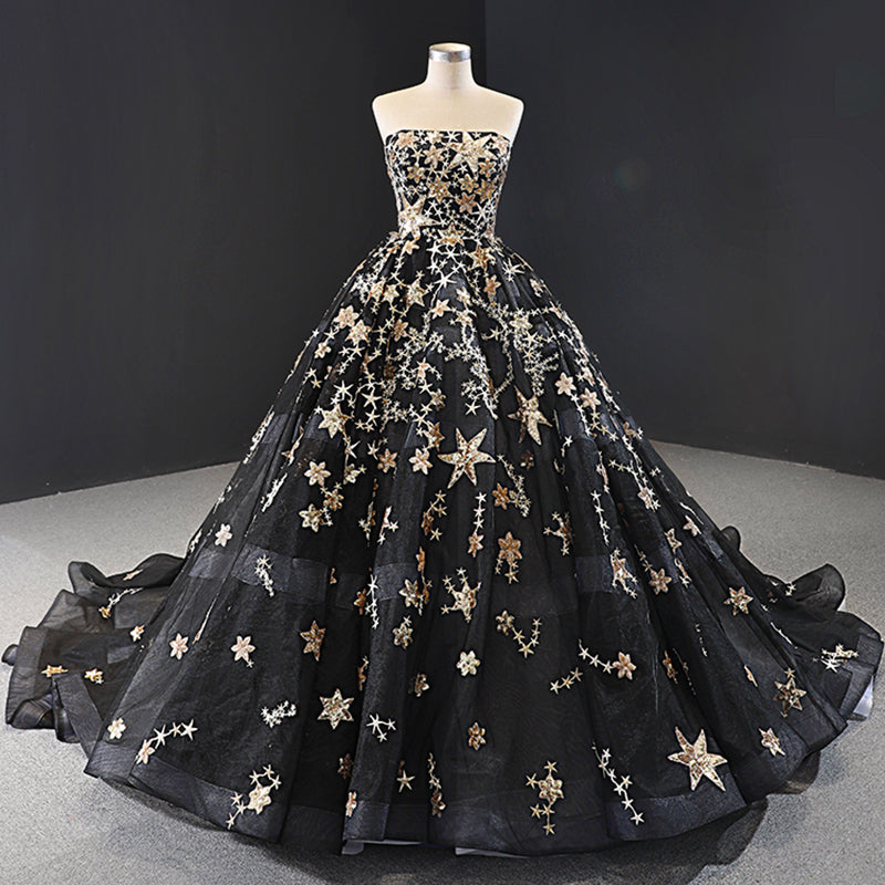 strapless heavy star pattern real handmade ball gown lace black evening dress