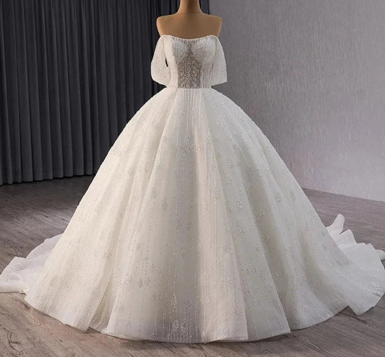 Elegant Modest Crystal Off The Shoulder wedding dress Glitter Bridal Ball Gowns Wedding Dresses For Women