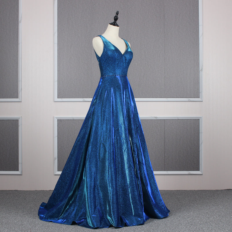 Long Party Dress Sexy V Neck With Belt Blue Keyhole Back Evening Dresses Women Gown