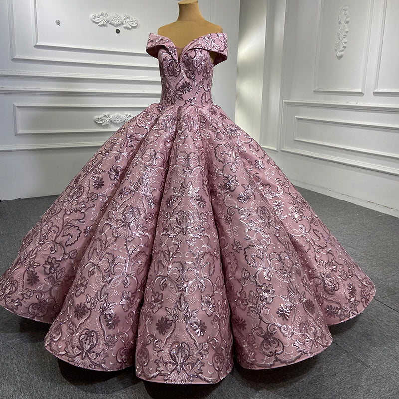 New Ladies Elegant Off-Shoulder Embroidered Sequined Puffy Evening Dress