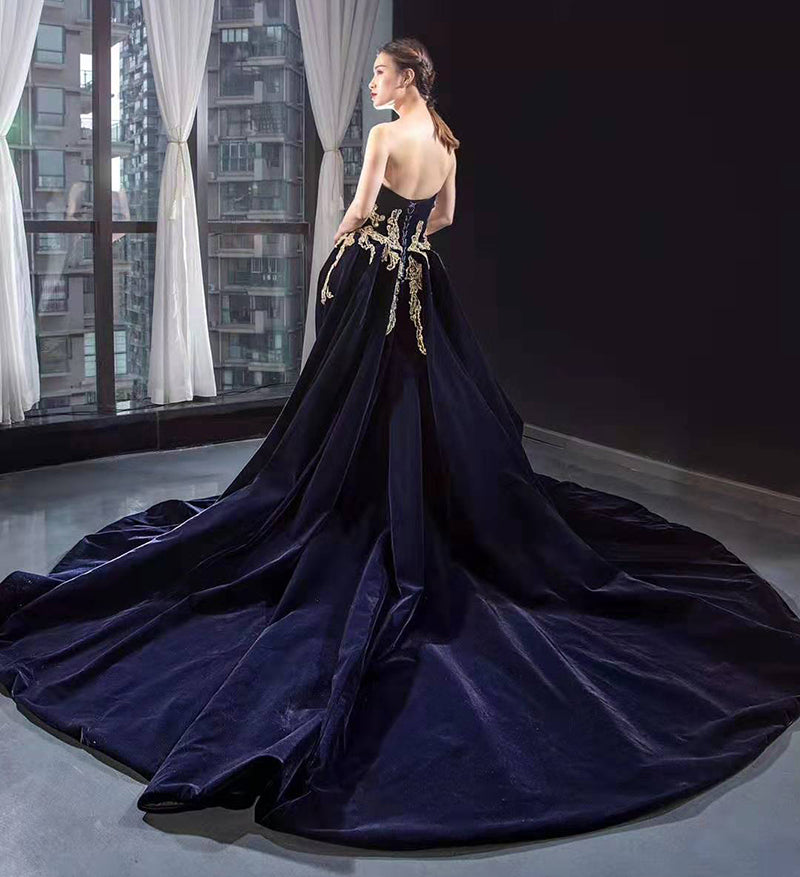 Real luxury high quality gold applique with belt empire waist hot selling evening dresses - Image 9