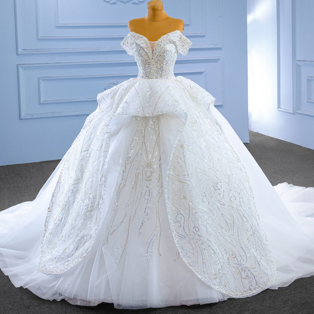 New Product Off Shoulder Lace Appliques Beading Wedding Dresses Trim Bridal Gown