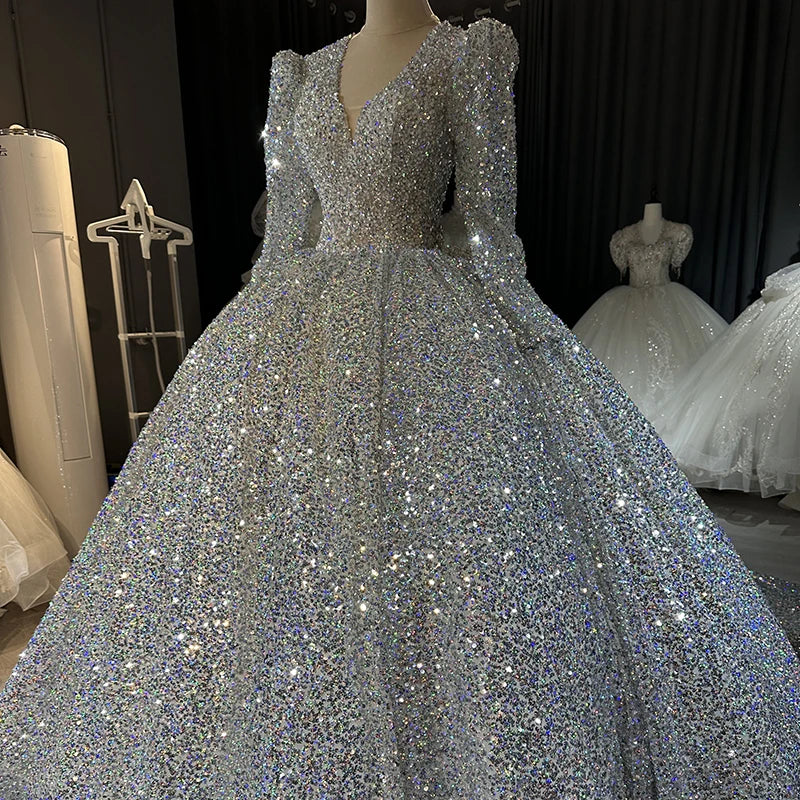 Elegant Ball Gown Long Sleeve Sweet Dresses Puffy Sliver Glitter Wedding Dress