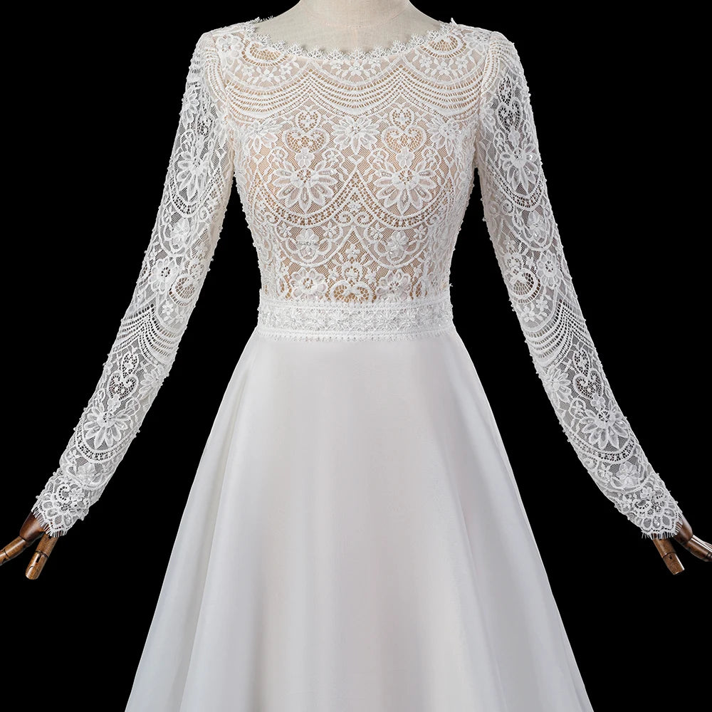 Elegant Lace Long Sleeves Wedding Dress Fluffy V Back Tulle Skirt Bridal Gowns - Image 4