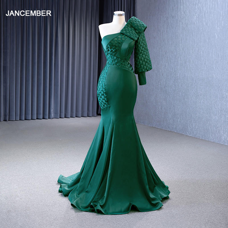 One Shoulder Evening Dress Vintage Green Woven Satin Mermaid Evening Dress - Image 2