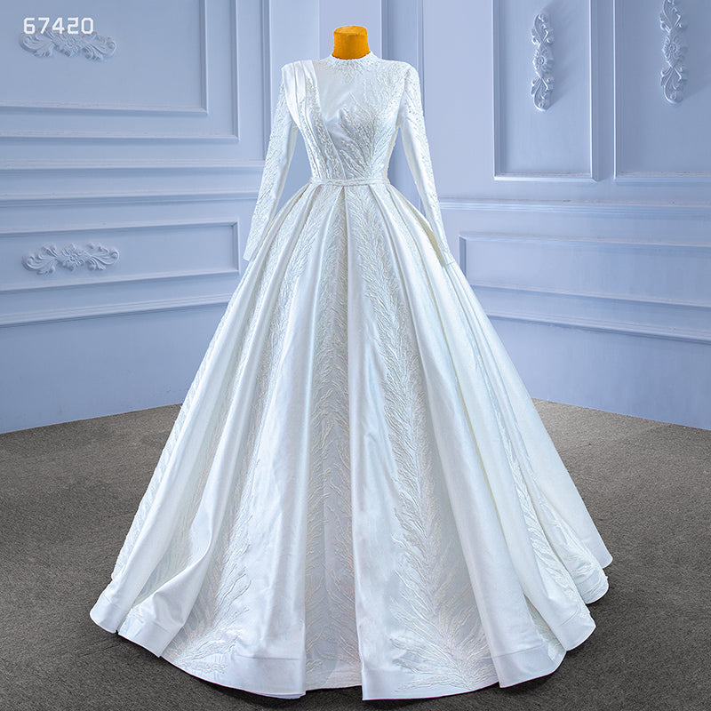 Bride Elegant High Neck Embroidery Slim White Muslim Wedding Dress