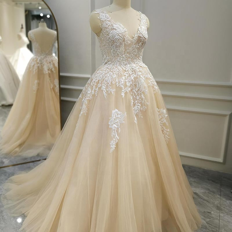 Champagne Flower Lace Wedding Dresses For Women