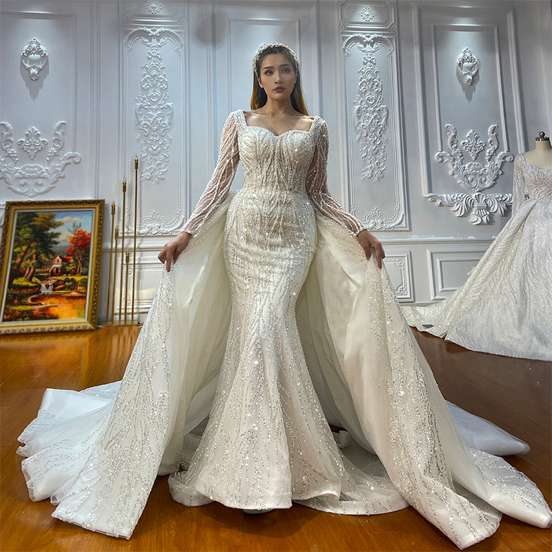 White Detachable Trailing Elegant Beaded Sequin Mermaid Wedding Dress For Women