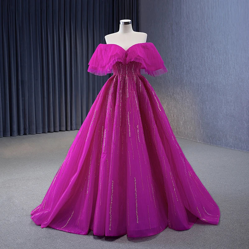 Honeyed Pink Fuchsia Tulle Prom Gowns Formal Evening Dresses Beadings A-Line Dress Floor Length