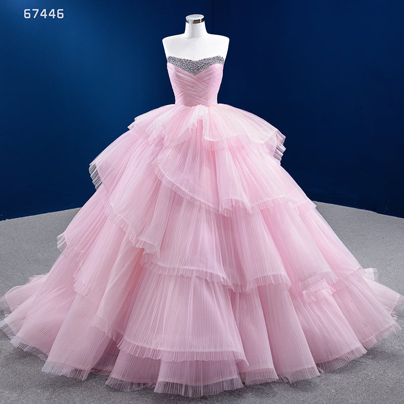 Custom Evening Dress Latest Design Pink Tube Top Beaded Lace Dress