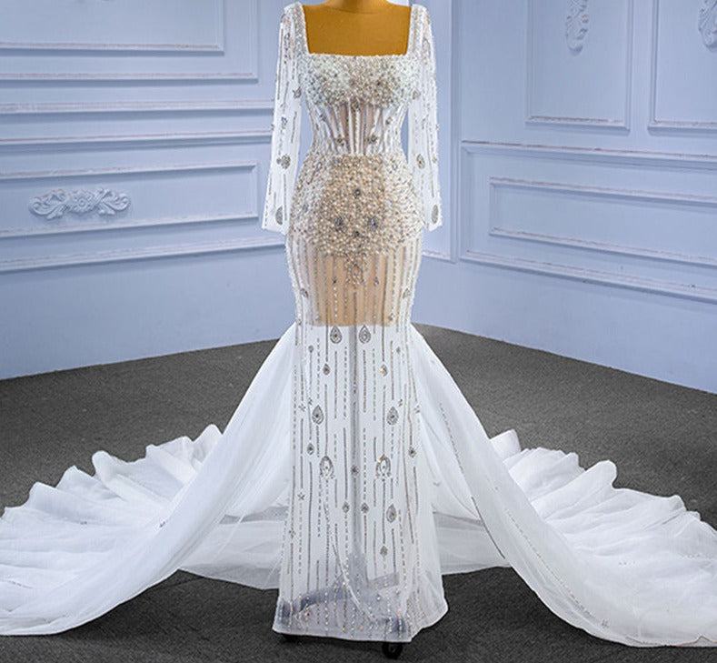 2023 Sexy White Illusion Wedding Dresses Mermaids With Long Tail