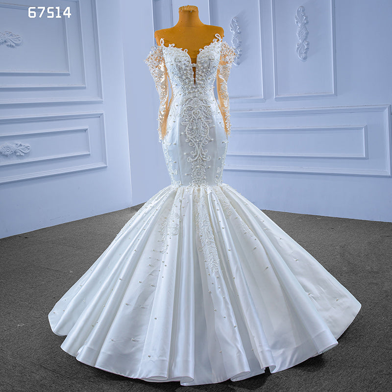2022 Luxury Newest Design Tube Top Long Sleeve Satin Vintage Beaded Mermaid Bridal Wedding Dress - Image 5