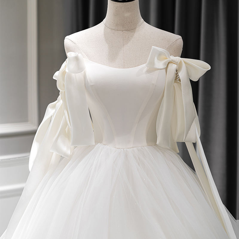Princess Strapless Bow Sleeveless Lace Up Ball Gown Pearls Wedding Dress - Image 3