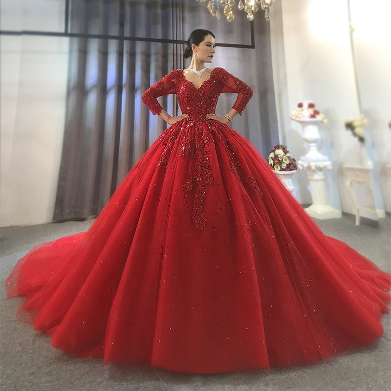 Women'S Evening Dress Elegant Ladies Dress Red Chiffon Long Sleeve Lace Beaded