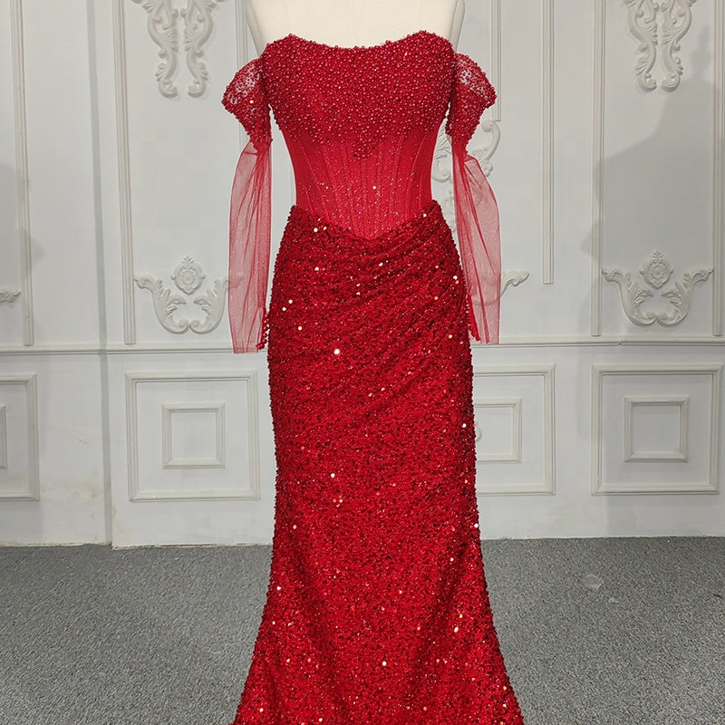 Illusion Lace Sequins Red Mermaid Party Gowns Evening Dresses