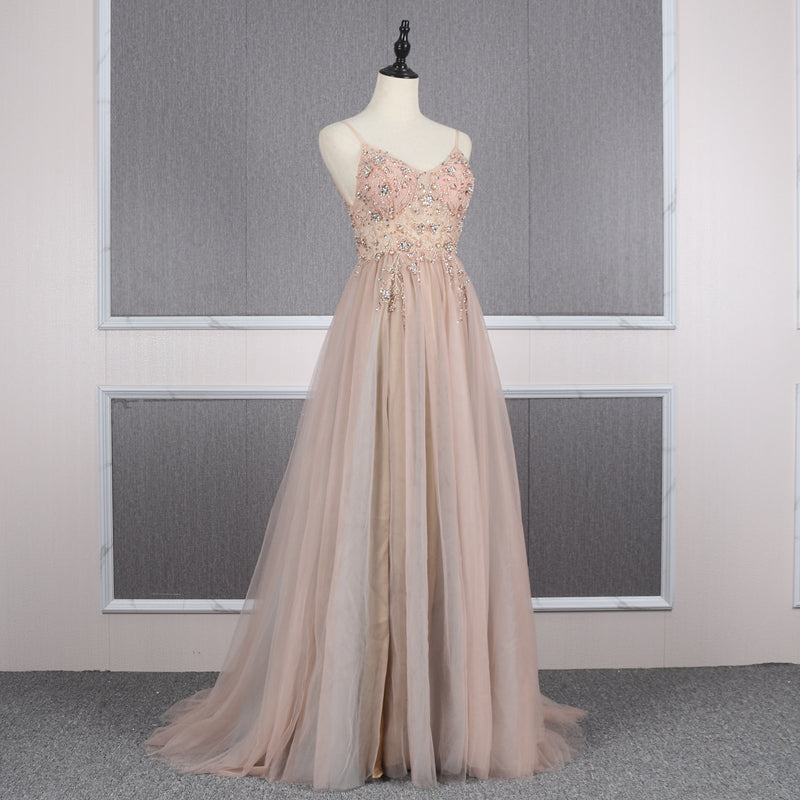 Ladies Luxury Sling Shiny Pink Lace Beaded Puffy Ball Evening Dress