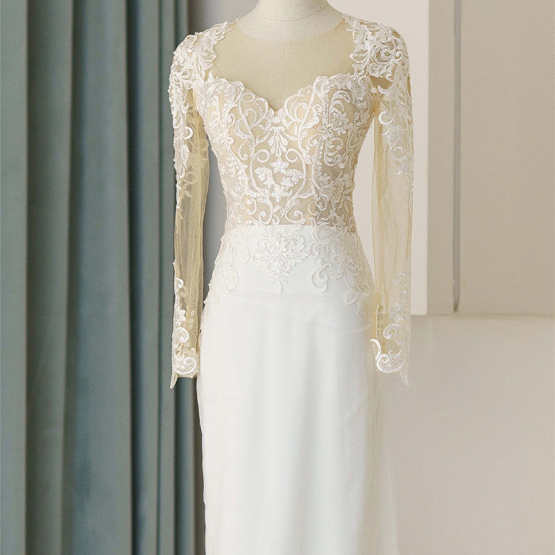 Mermaid Pattern Full Sleeve Illusion Wedding Dress - Image 3