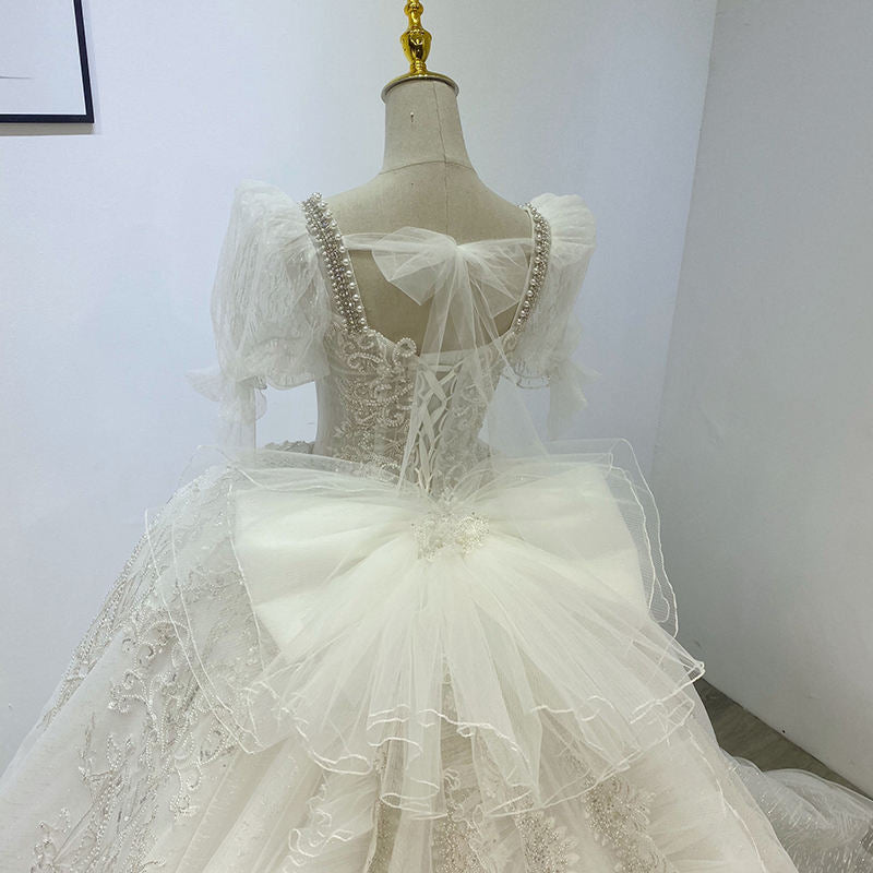 Pearls Luxury Square Collar Short Sleeve Ball Gown Wedding Dresses Bridal Gowns - Image 6