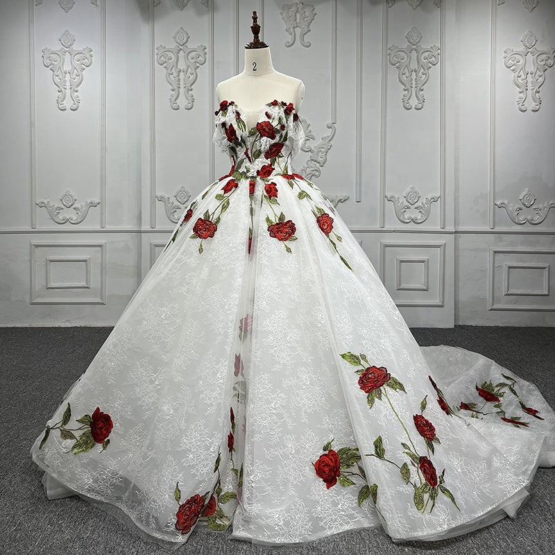 New Latest Design White Lace Sleeveless Rose Embroidery Tulle Ball Elegant Evening Dress