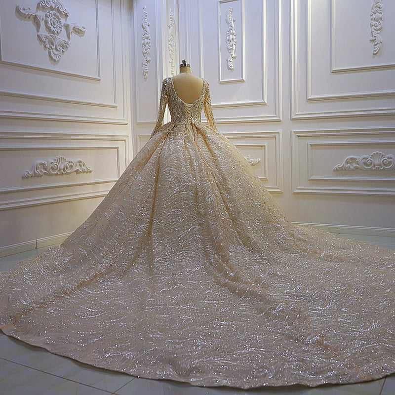 Luxury Wedding Dress Bridal Dress Simple Metal Sequin Long Sleeve Beaded - Image 3