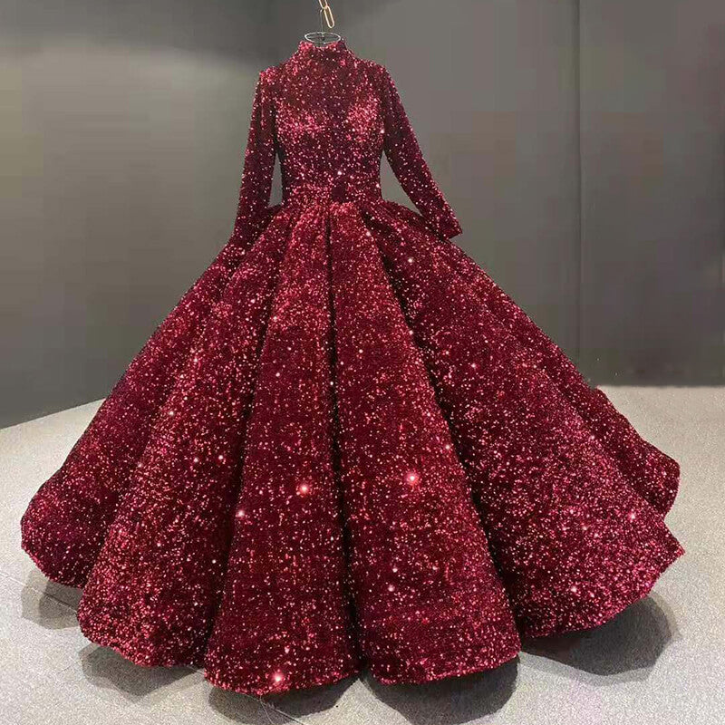 Party Gown Vestidos De Fiesta Long Sleeve Sequined Elegant Pleat Evening Dresses