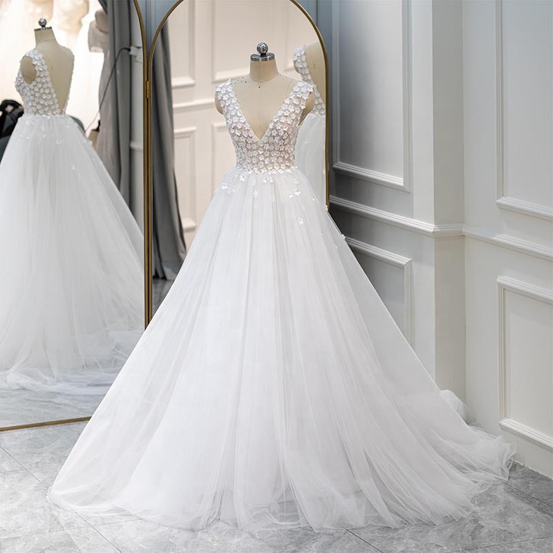 2022 Lace White Elegant Flower Prom Wedding Gowns Dress