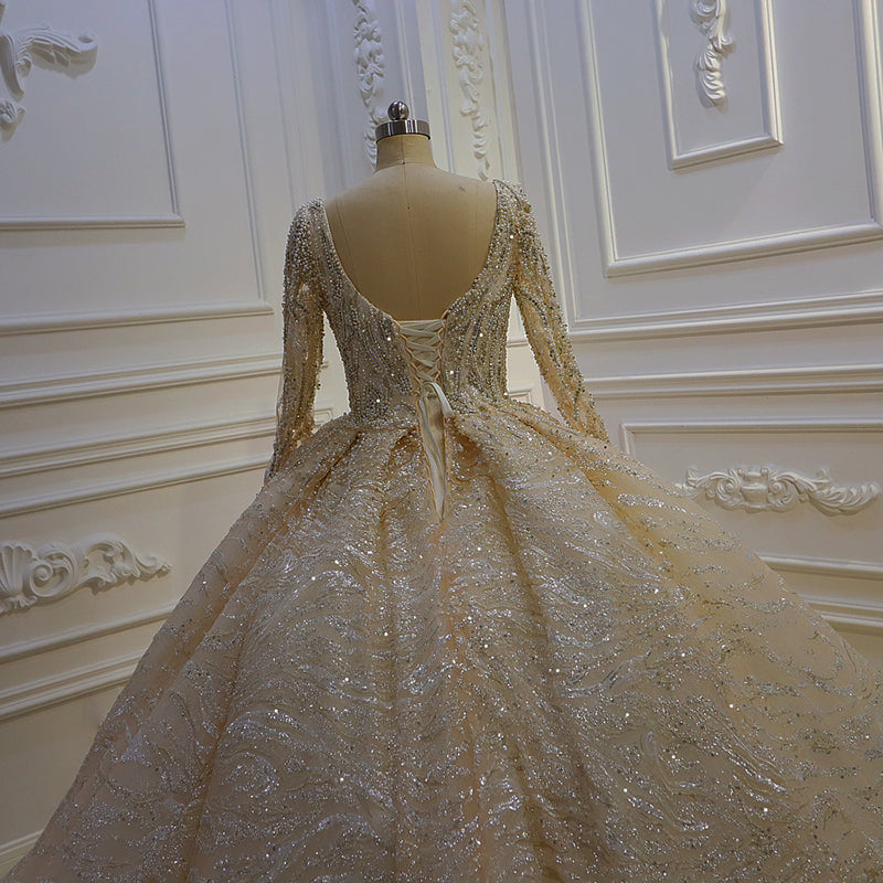 Luxury Wedding Dress Bridal Dress Simple Metal Sequin Long Sleeve Beaded - Image 5
