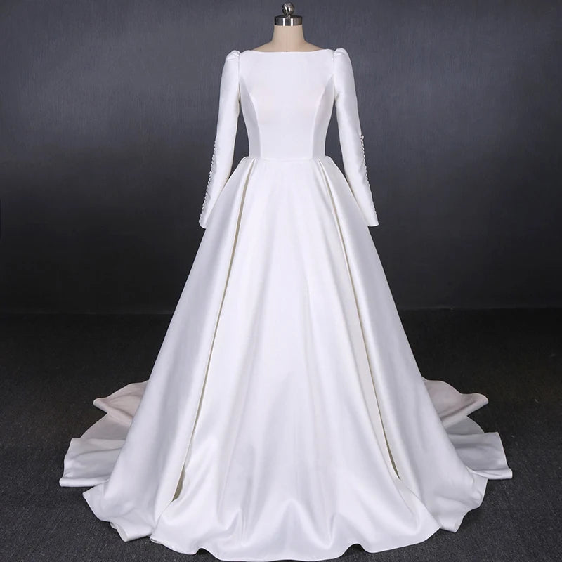 Simple White Satin Bridal Wedding Dresses 2024 A-Line  Princess Square Neckline Long Sleeve Backless Chapel Train Ruffle
