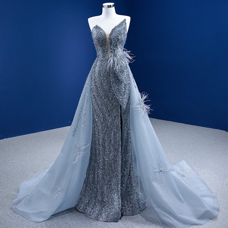High-Quality Sequined Feather Detachable Tulle Tail Evening Dress