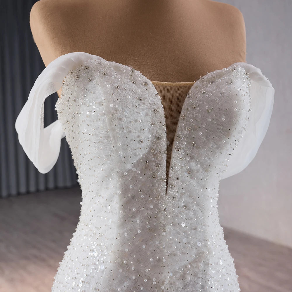 Beach Sweetheart Pearls Slim Mermaid Wedding Dress With Detachable Sleeve - Image 3