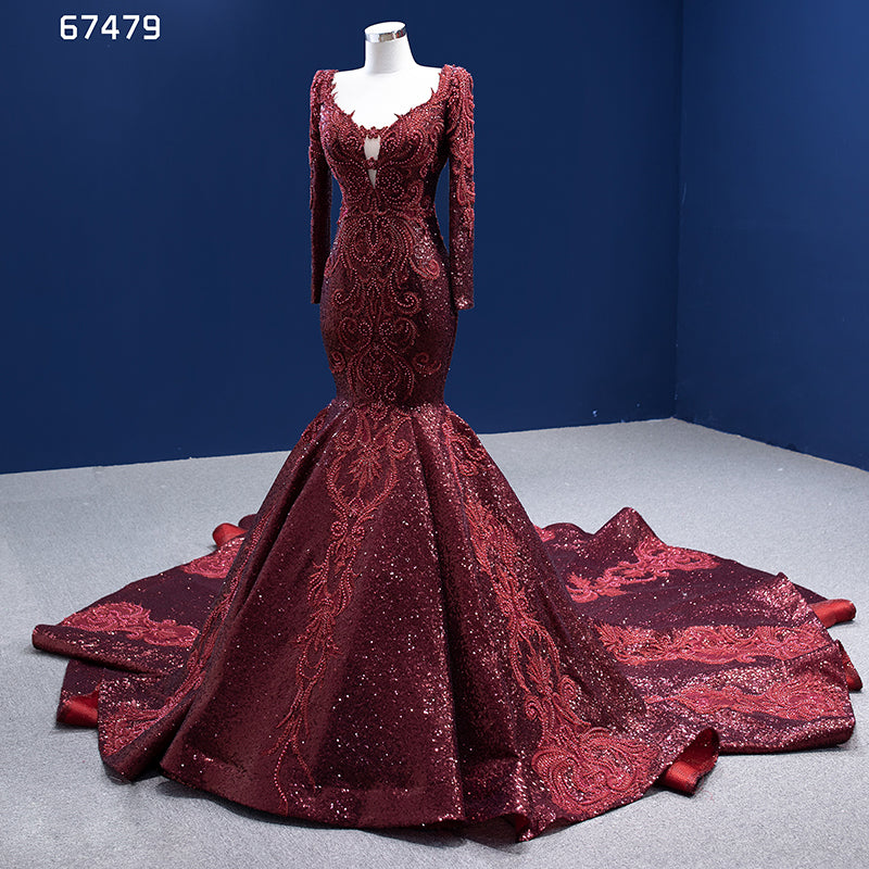 Evening Dress Elegant Long Sleeve Burgundy Beaded Embroidered Mermaid Dress