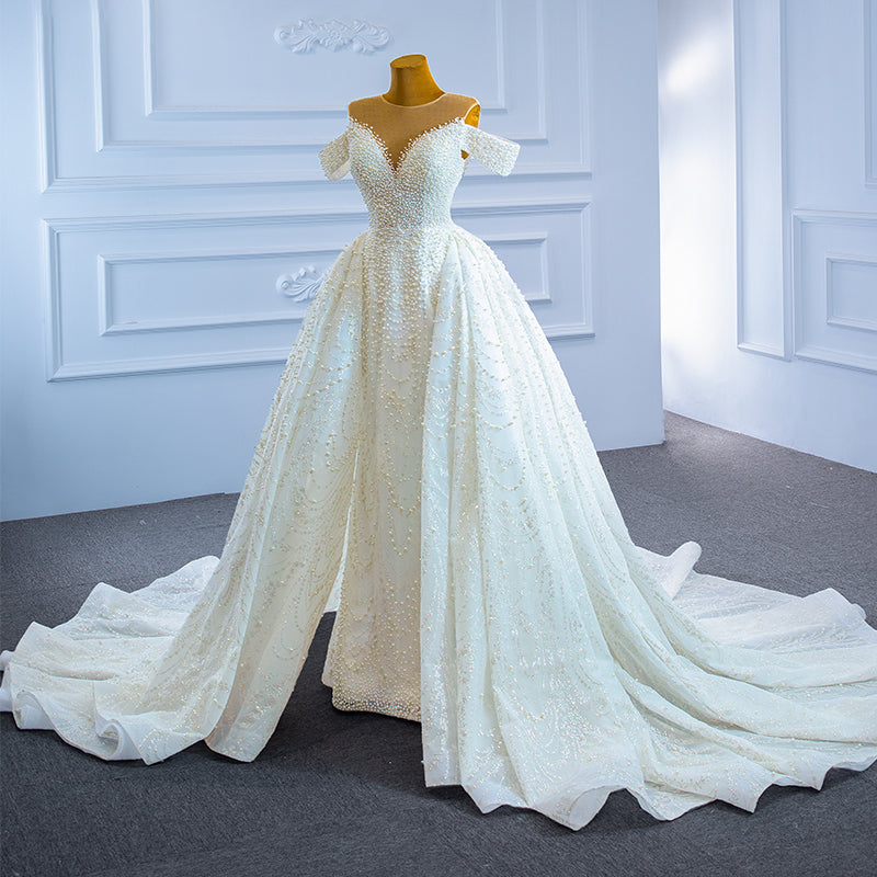 Elegant A Line Full Pearl Simple Bohemian Wedding Dress