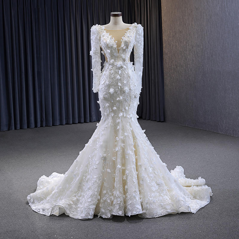 Hot Selling Deep V-Neck White Mermaid Wedding Dress Elegant Floral Lace Wedding Dresses