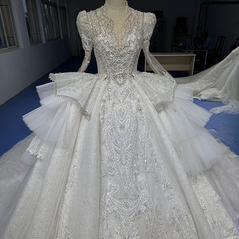 Luxury Wedding Dresses Long Sleeve Bling Crystal Beading Cathedral Train Elegant Princess Bride Dresses - Image 2