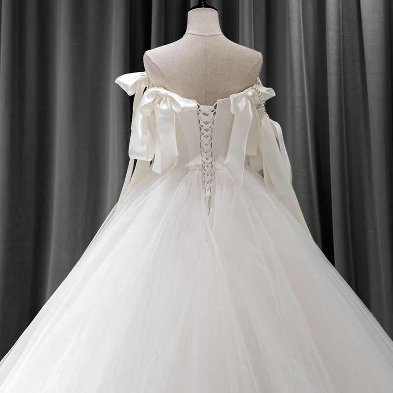 Princess Strapless Bow Sleeveless Lace Up Ball Gown Pearls Wedding Dress - Image 7