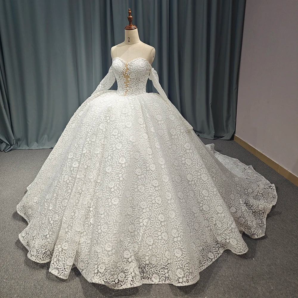 Luxury Lace White Dress Embroidery Wedding Dress Bridal Gown Detachable Sleeves Wedding Dress - Image 5