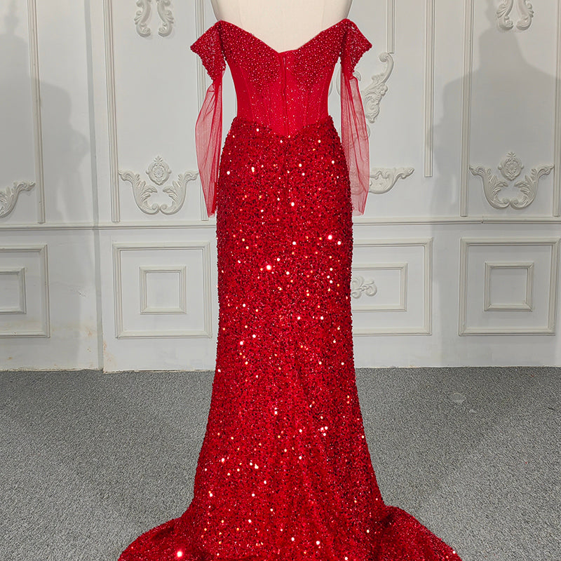 Illusion Lace Sequins Red Mermaid Party Gowns Evening Dresses - Image 4