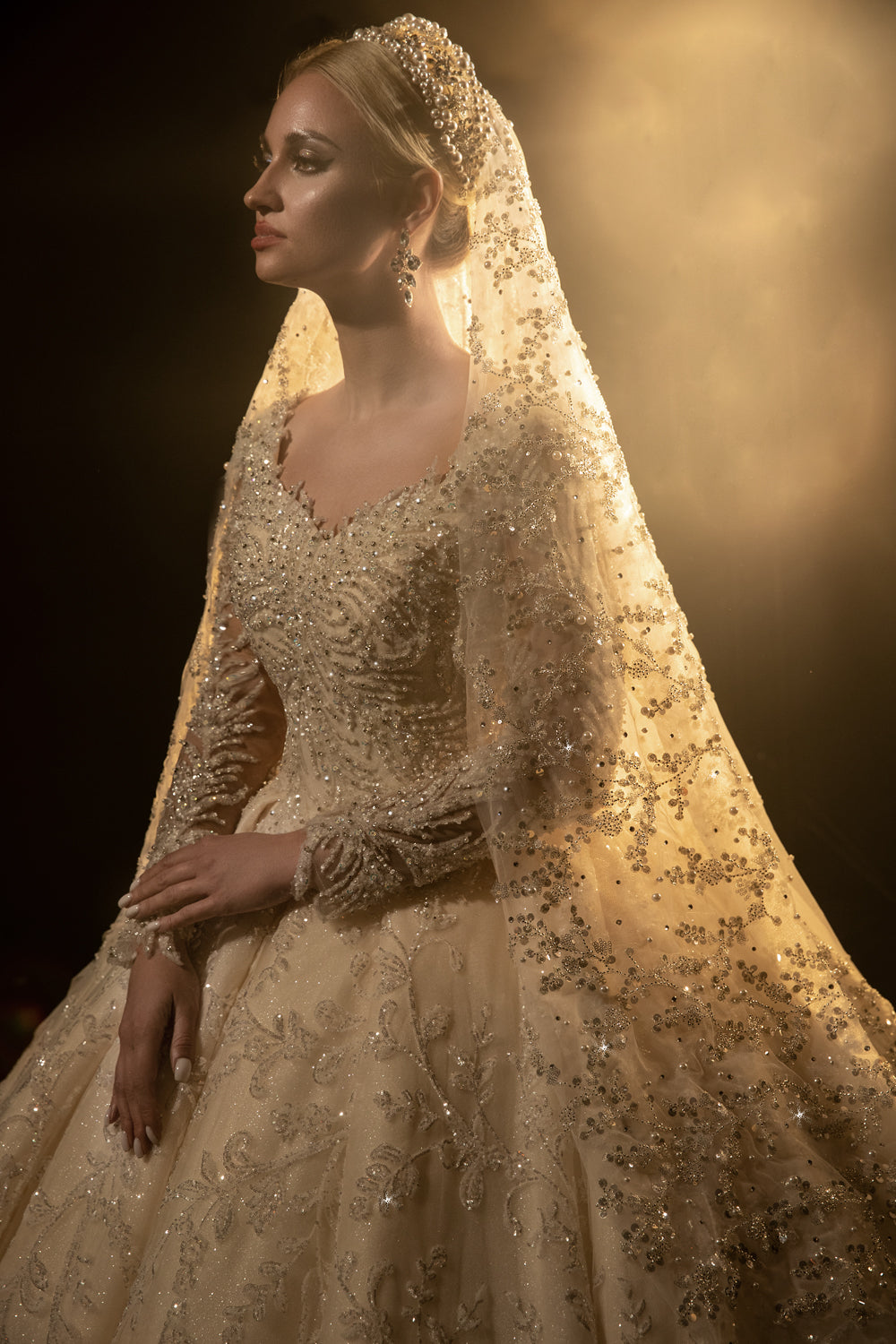 Princess Long Sleeve Bridal Dress Square Neck Beautiful Lace Wedding Beaded Bridal Dress - Image 6