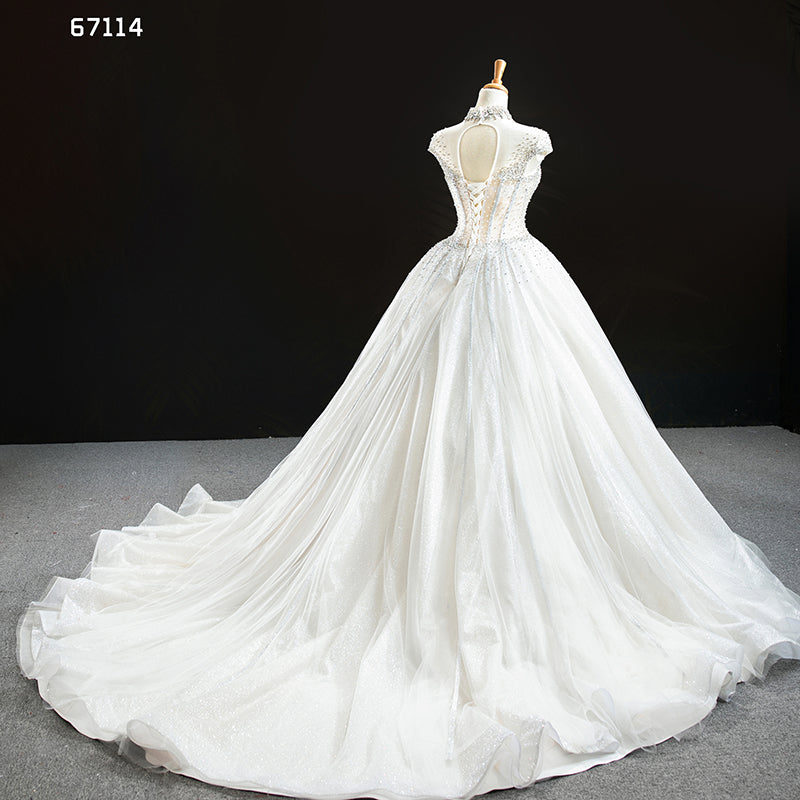 High Neck Beach Heavy Beaded Luxury See Though Wedding Gown - Image 5