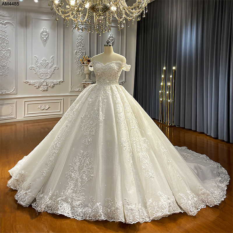 High Quality Lace Off Shoulder Ivory Bridal Wedding Ball Gown Dresses