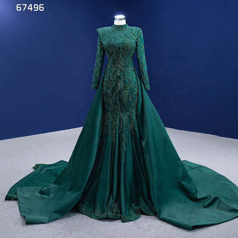 2022 New Custom Green Detachable Tail Embroidered Satin Prom Elegant Evening Dress