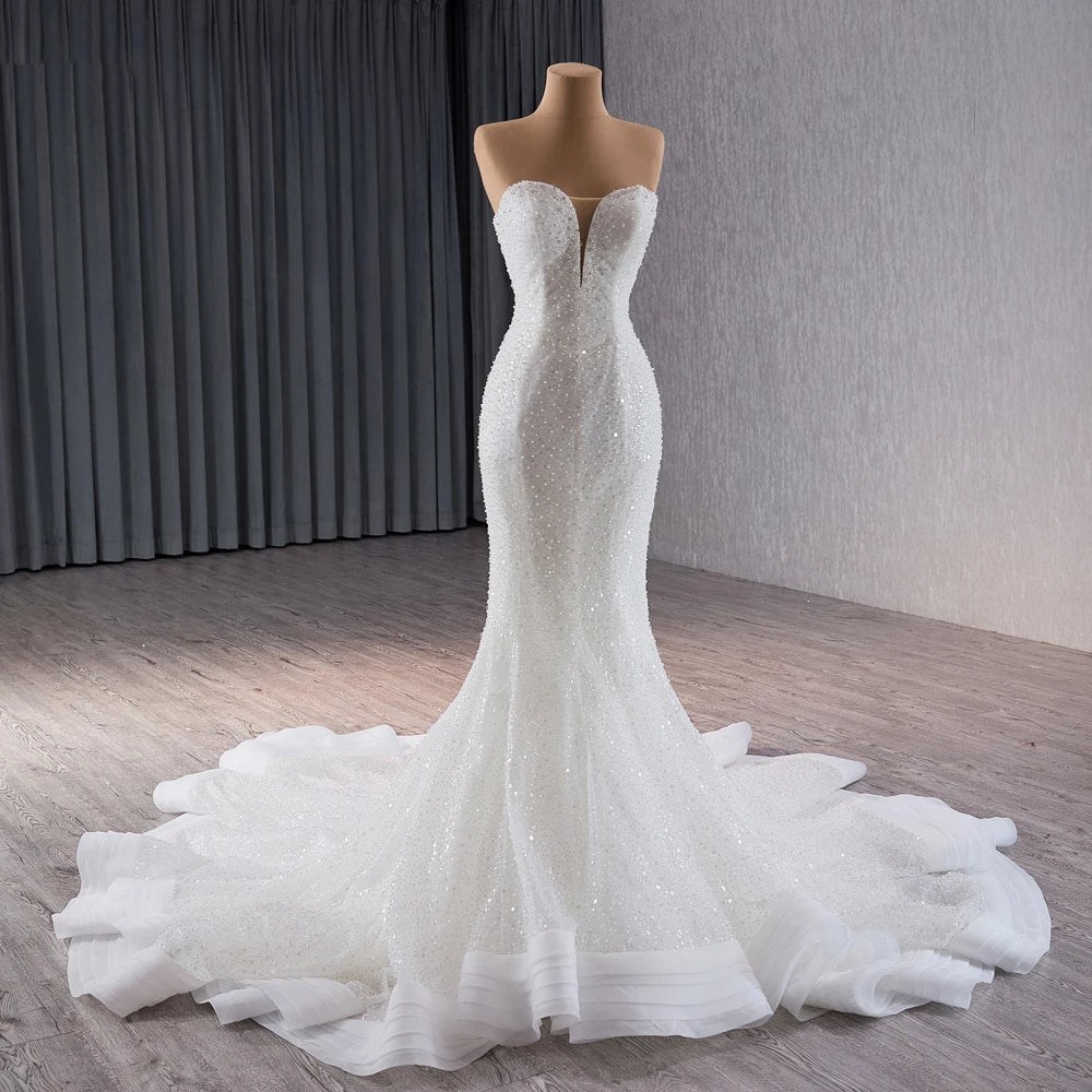 Beach Sweetheart Pearls Slim Mermaid Wedding Dress With Detachable Sleeve - Image 6