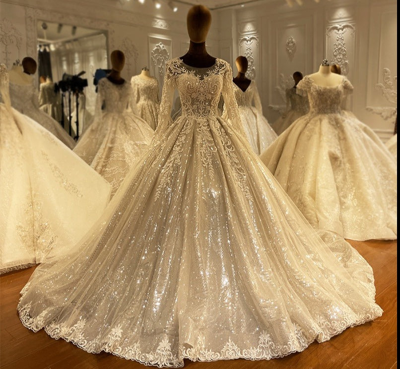 Latest Wedding Dress Designs Long Sleeves Plain Luxury Embroidered Sequins High Quality Party Dresses