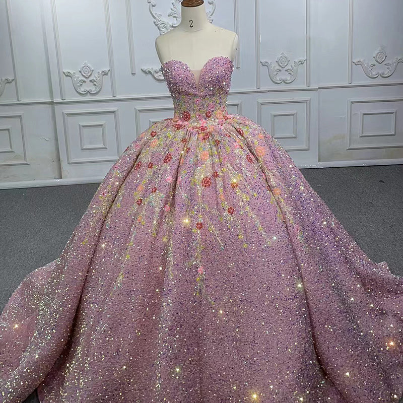 Shiny Applique Diamond Strapless Sequins Ball Gown Formal Evening Dresses