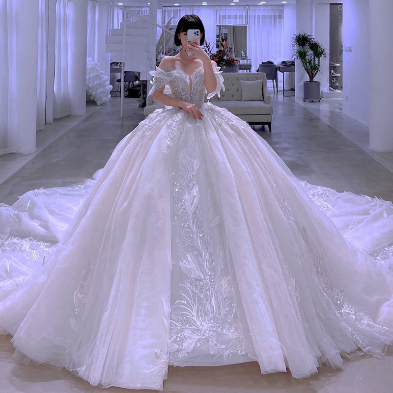 Latest Wedding Dress Design Bridal Dress Tube Top Feather Lace Beaded Wedding