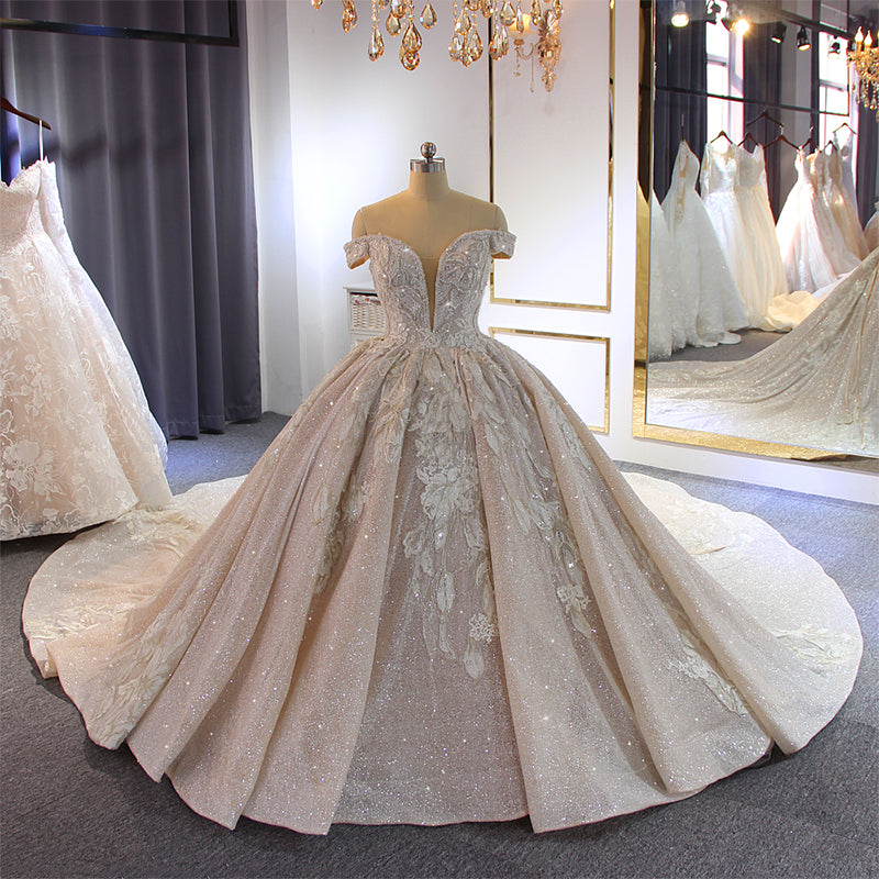 2022 New Elegant Off Shoulder Deep V Neck Champagne Sparkling Princess Wedding Dress