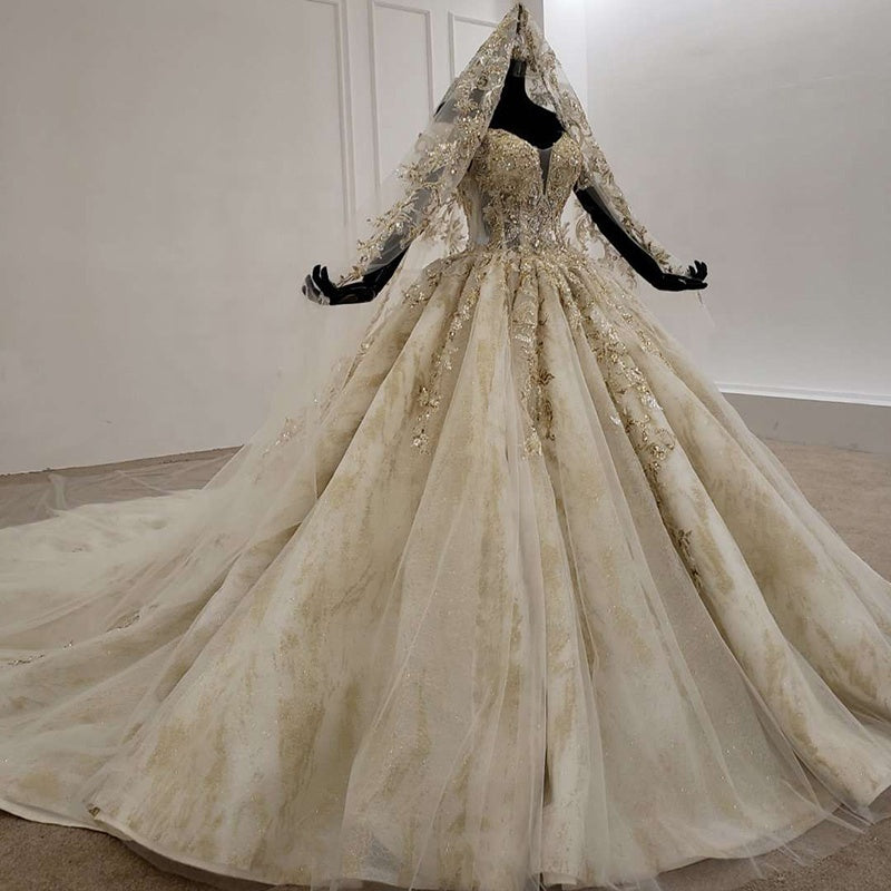 Wedding Dress Ball Gown Long Trail V Neck Beading Bridal Dress