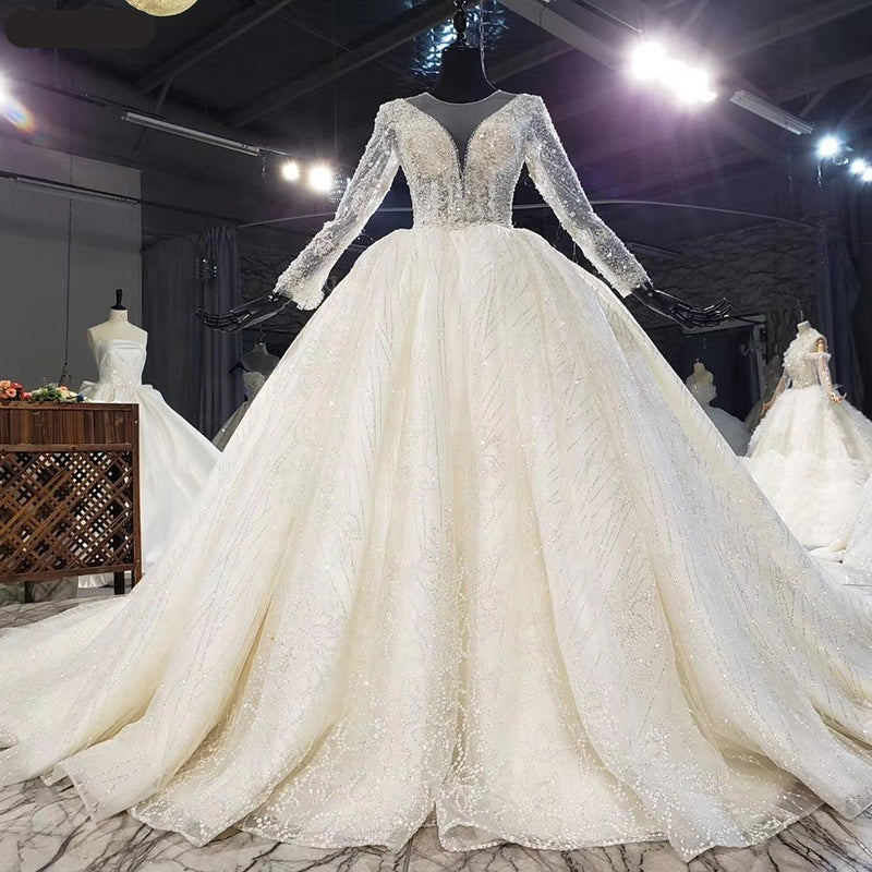 High Quality Luxury Long Sleeve Beading Bride Wedding Dress - Image 3