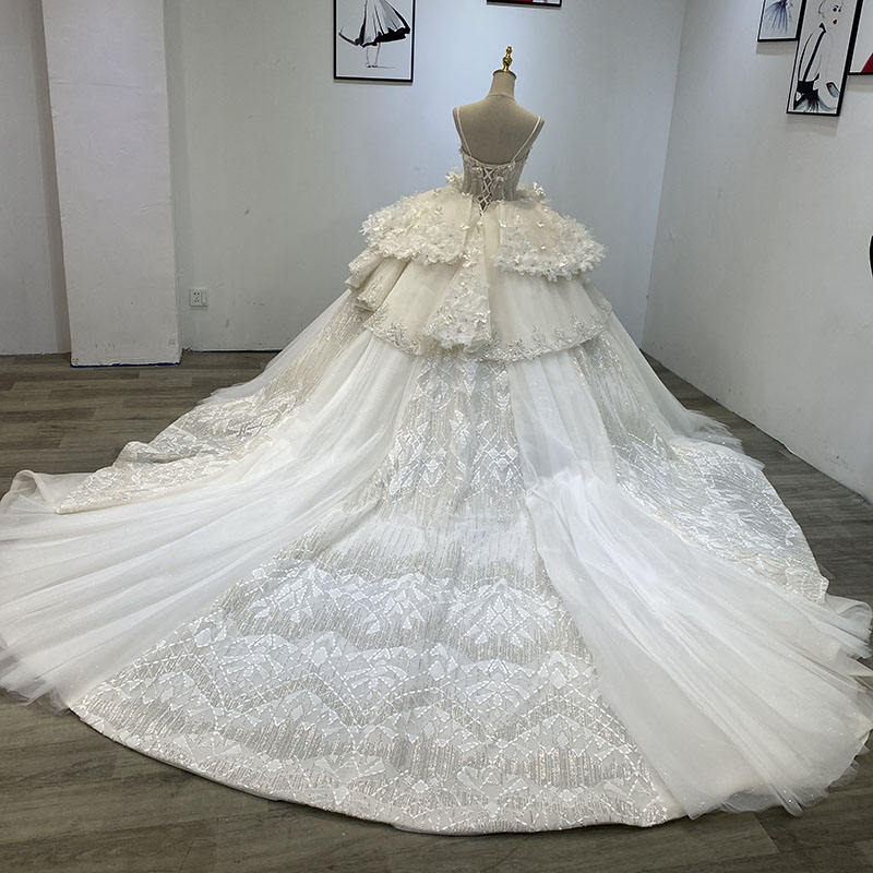 Modest Flower Spaghetti Strap Sequins Bridal Ball Gown Wedding Dress - Image 5