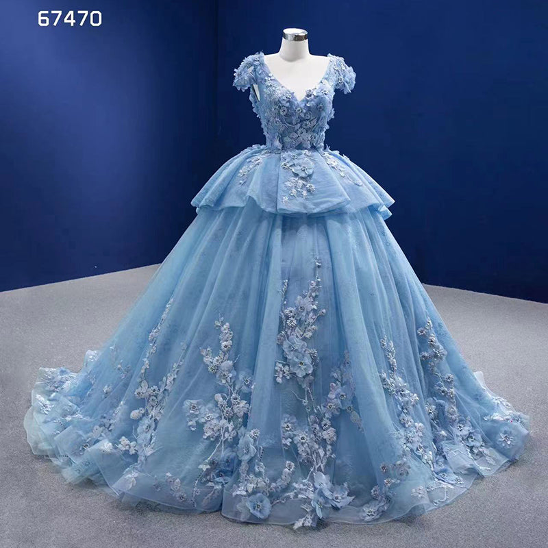 Ladies Luxury Dresses High Quality Blue Princess Embroidered Lace Prom Dress Party